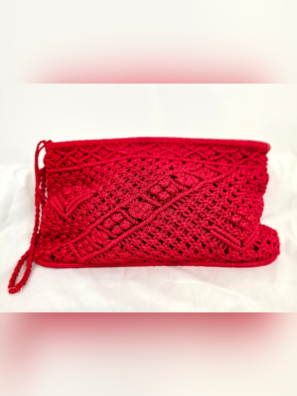 Red Crochet Clutch Boho Knit Zip Pouch Festival Handmade Style Evening Wristlet